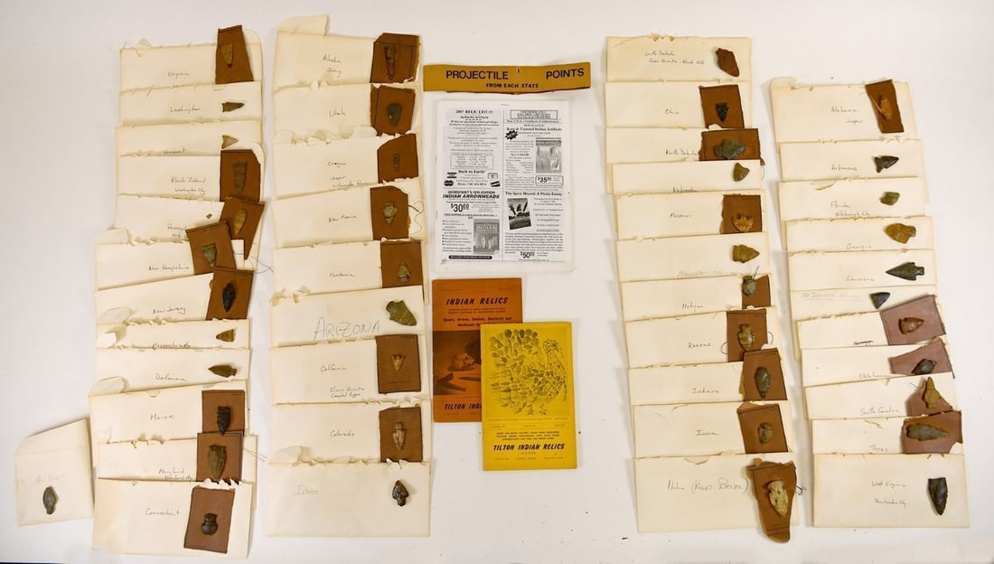 Group of Regional Lithics from The United States and Reference Works: Group of Regional Lithics from The United States, together with three reference works. Includes one lithic from each disclosed state, in each corresponding envelope. Grouped in regions, West,