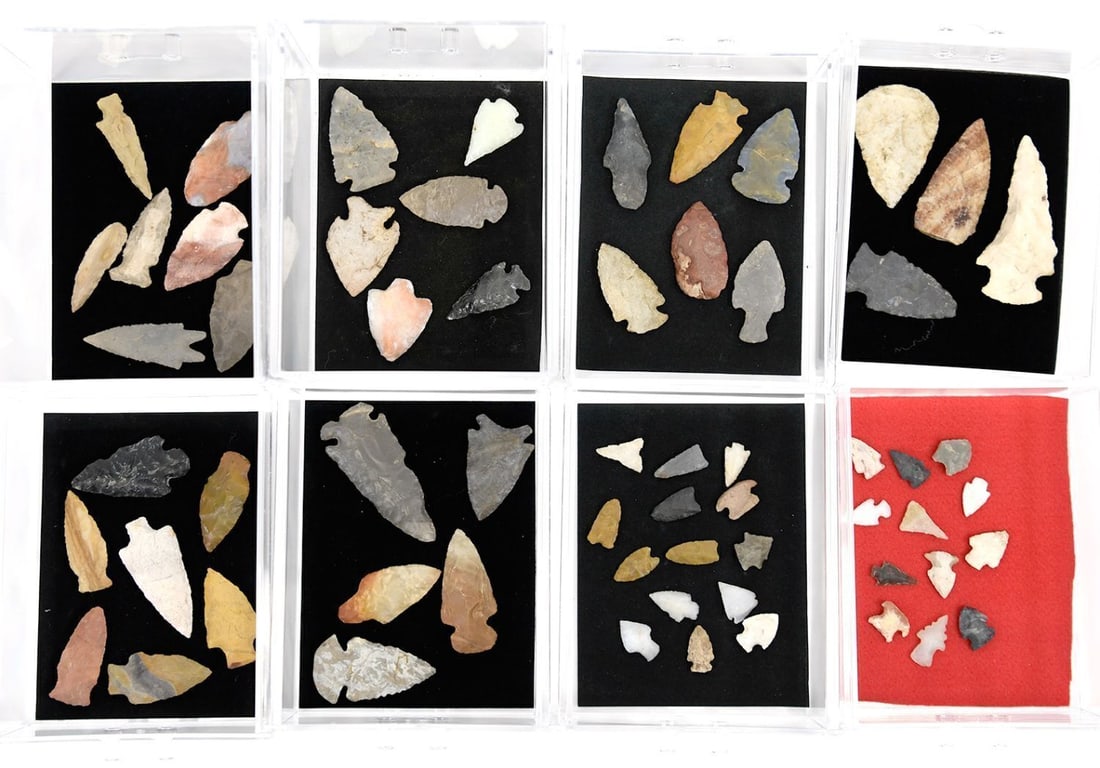 Group A - Collection of Native American Lithics: Collection of Native American Lithics. Housed in pcitured storage containers (included). Largest (box):H 9-3/4 in. W 12 in. D 7-1/8 in. Largest Lithic: H 3-3/4 in. W 1-3/4 in. D 1/2 in. Smallest