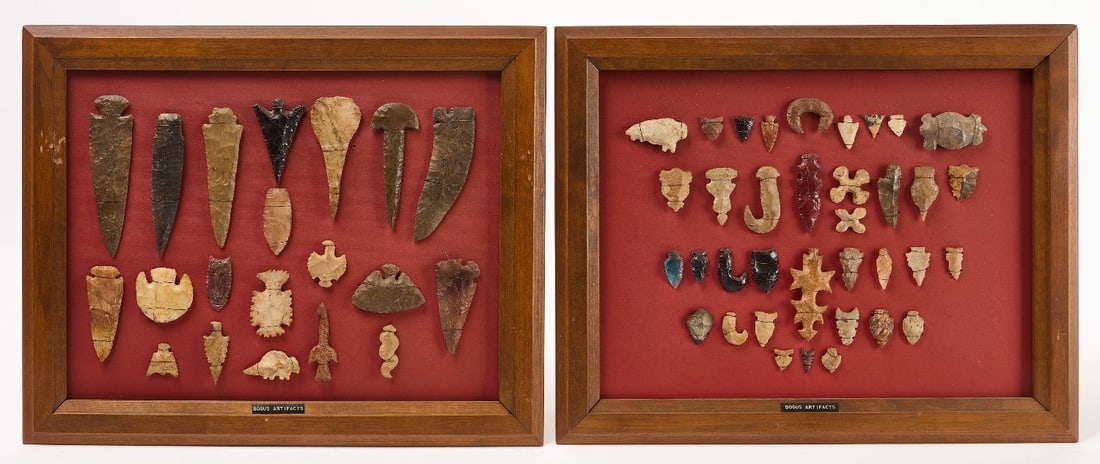 Two Mounted Collections of Native Artifacts: Two Decorative Mounted Collections of Native Artifacts. The first board features 36 implements, the second features 21 implements. List of provenance mounted to verso of the second board. American.