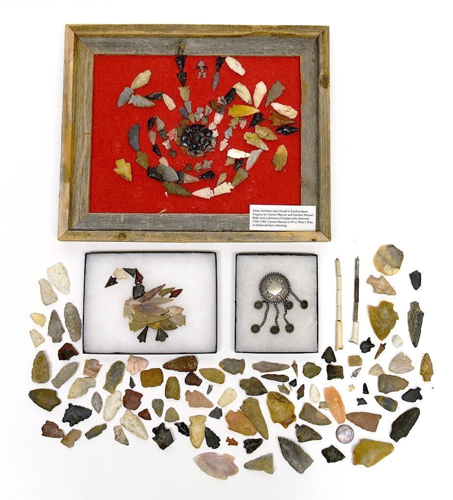 Group of Native American Lithics and Southwestern Medallion: Group of Native American Lithics and Southwestern Silver Medallion. Large collection of stone points, arrowheads, blades, bone implements, and worked lithics, together with a framed and matted