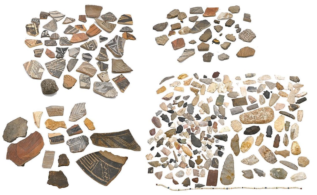 Large Grouping of Native American Lithics, Pottery Sherds, and Trade Bead Necklace: Large collection and assortment of Native American Lithics, Pottery Sherds, and Trade Bead Necklace. Extensive collection of knapped stone projectile points, arrowheads, blades, scrapers, and worked
