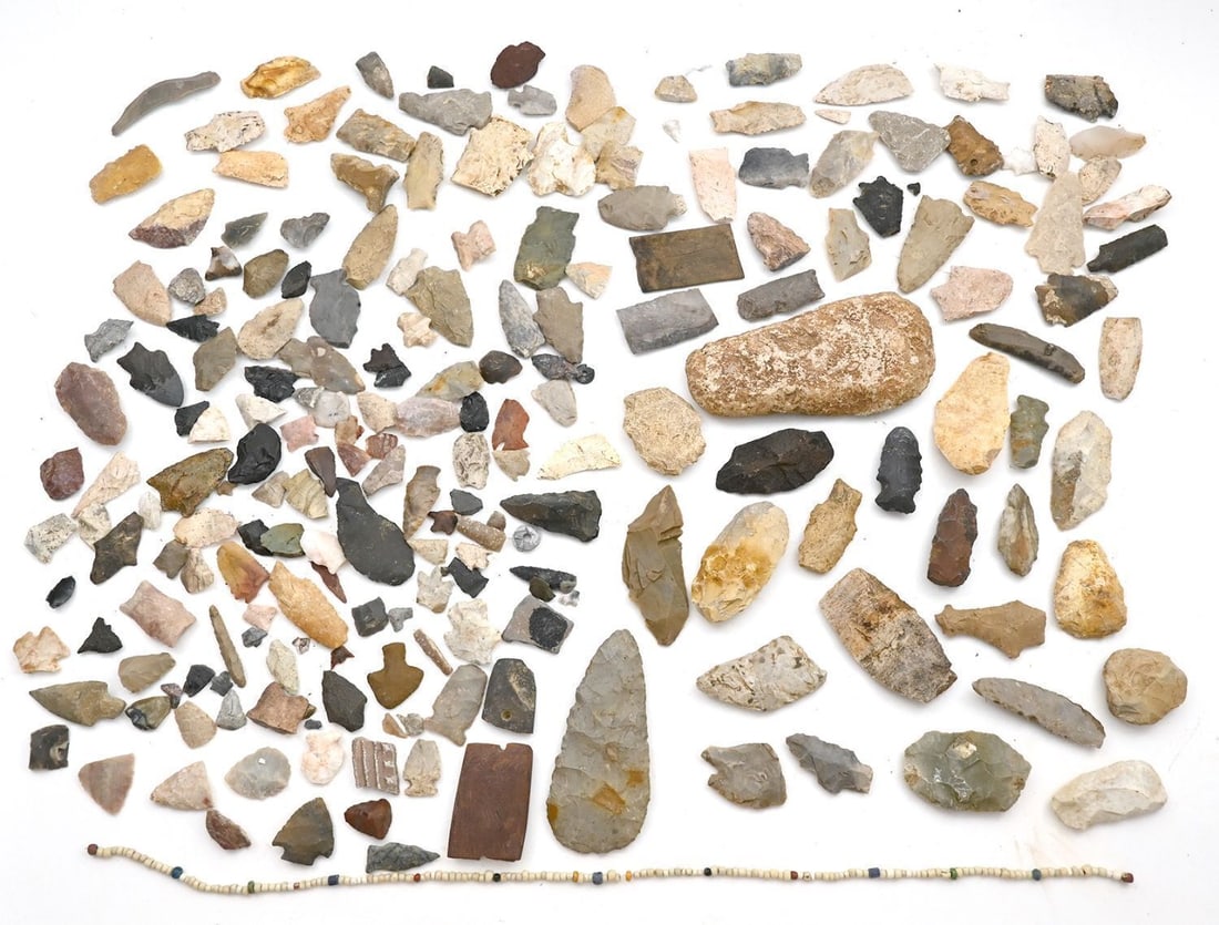 Large Grouping of Native American Lithics, Pottery Sherds, and Trade Bead Necklace - 2