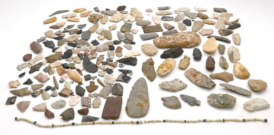 Large Grouping of Native American Lithics, Pottery Sherds, and Trade Bead Necklace - 3
