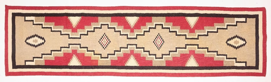 Woven Rug: Vintage Mexican woven rug in a Navajo style. 20th century. L 140 in. W 24 in