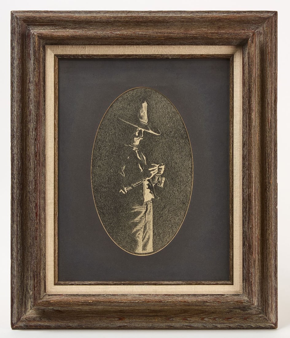 Scratchboard Art of Cowboy: Framed oval scratchboard art of cowboy rolling a cigarette. Mid - 20th century. Frame: H 25 in. W 21 in. Mat Opening: H 13-1/2 in. W 8 in.