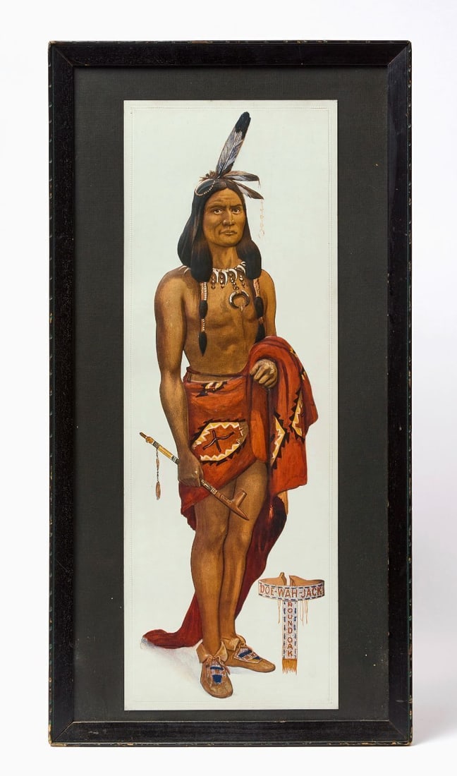 Vintage Round Oak Stove Co "Doe-Wah-Jack" Advertising Print: Vintage advertising print featuring Chief Doe-Wah-Jack, the fictional Native American mascot of the Round Oak Stove Company, in embossed relief on thick cardstock with decorative embossed border;