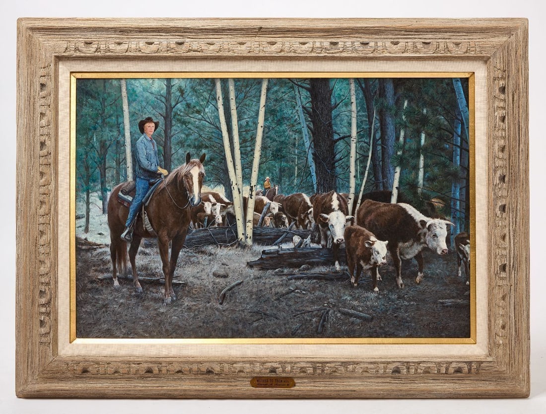 Kenneth M. Freeman - Mother to Them All: Kenneth M. Freeman (1935- 2008 ), Mother to Them All. Oil on canvas. Custom wood frame. American, late 20th century. Frame: H 34-1/4 in. W 46-1/4 in. Canvas: H 23-3/4 in. W 36 in.