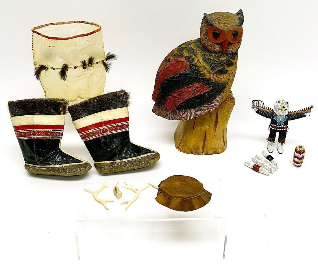 Grouping of Inuit and Native American Objects, Including Isaaci Etidloie Caribou Drum Dancer: Grouping of Inuit and Native American objects. Comprising a caribou skin drum by Isaaci Etidloie (Inuit, 20th century), sinew-sewn to a bent wood hoop; a pair of sealskin and fur mukluks with beaded