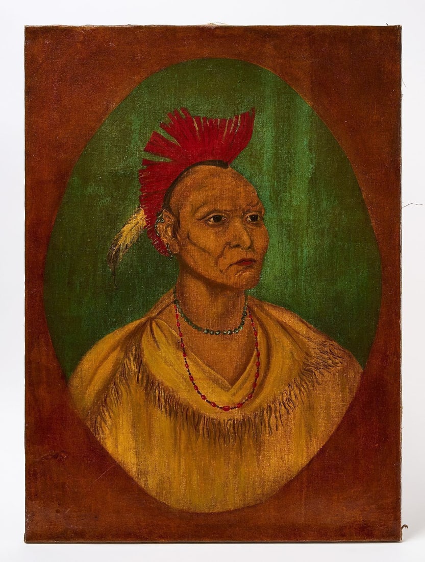 Portrait of Black Hawk: Portrait of Black Hawk, the prominent 19th-century Sauk leader. Oil on canvas, unsigned. Circa 1900. H 30 in. W 22 in.