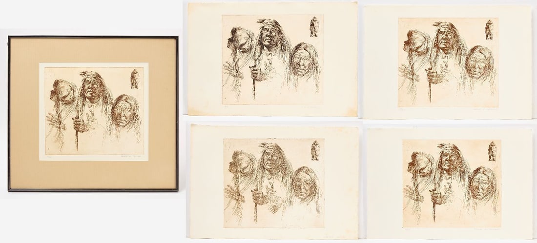 Deane G. Keller - Five Native American Signed Prints: Deane G. Keller (Connecticut, 1940-2005), Five identical signed prints depicting Native American portraits, from a series. Includes one framed (1/50 - first in series), along with four unframed