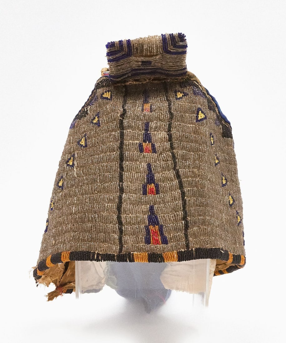 Cheyenne Native American Childs' Hood: Cheyenne beaded child cradle hood with geometric patterns. Late 19th century. H 12 in. W 14 in.