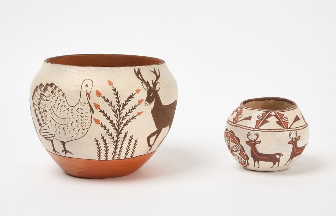 Two Contemporary Native Pottery Bowls: Zia pottery bowl. Signed Juanita Shye. Zia pueblo. Late 20th century. Together with a small Zuni pottery bowl, signed Mrs. Cecil Vicenti. Zia: H 7 in. D 8-3/4 in. Zuni: H 4 in. D 5-1/2 in.