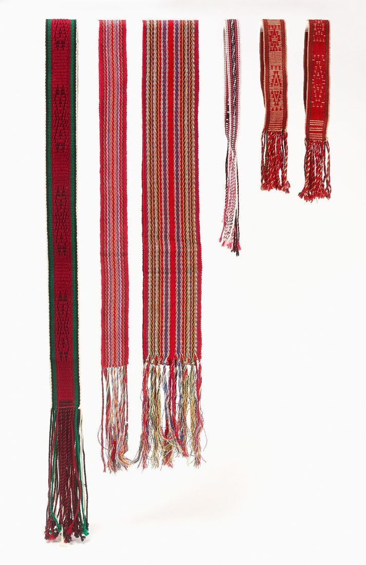 Six South Eastern Sashes: Six Native American South Eastern hand-woven sashes. 20th-century. From: L 102 in. w 3-1/4 in. to: L 34 in. W 2-1/4 in.