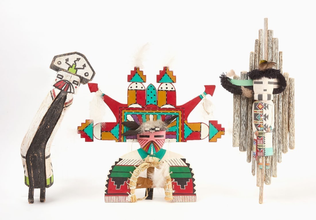 Three Hopi Kachina Figures: Three large Native American Hopi kachina figures. Mid-20th century. H 23 in. W 22 in. H 26-1/2 in. W 10 in. H 22 in.