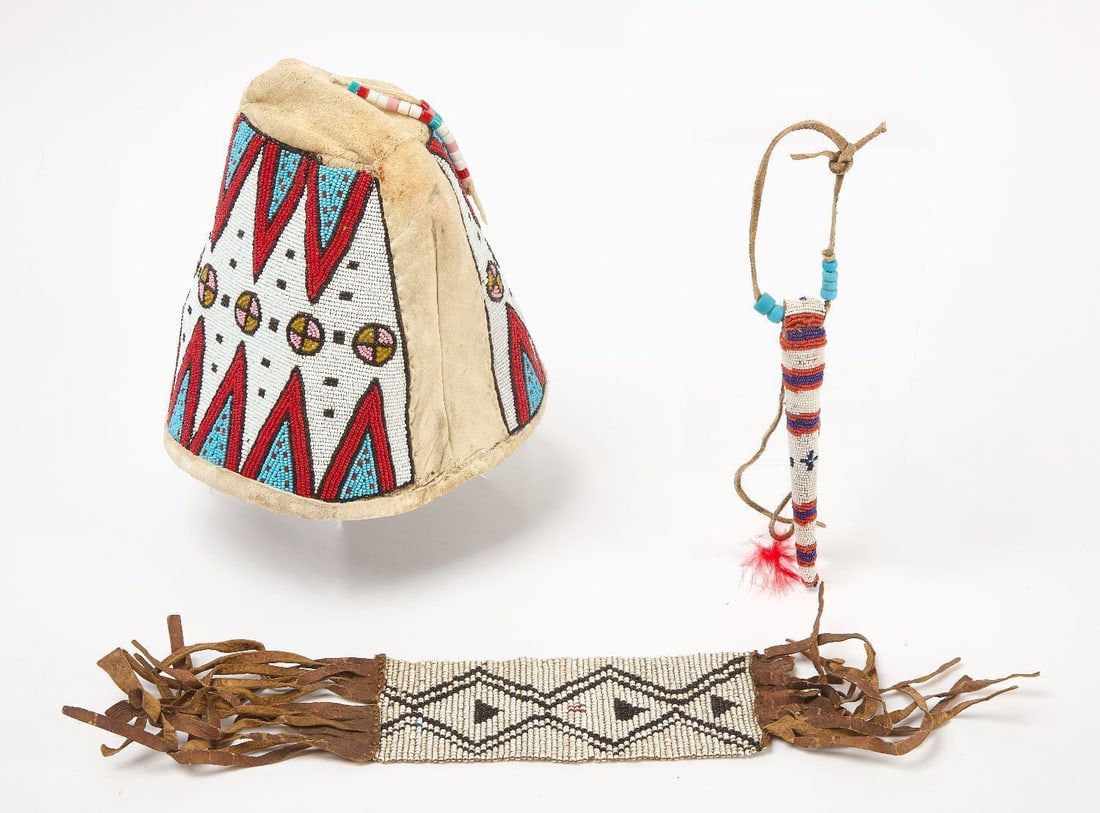 Native American Beaded Cap, Awl Case, and Pouch - 2