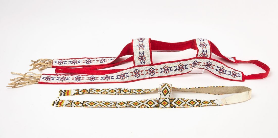 Two Native American Beaded Sashes: Two Native American beaded sashes. Late 19th - Early 20th century. L 45 in. W 2-1/2 in. L 30-1/2 in. W 1-1/2 in.