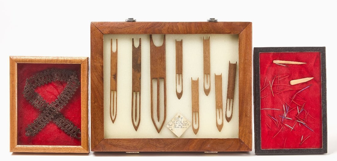 Net and Porcupine Needles, with Miniature Moccasins and Gloves: Set of net and porcupine needles wi\hit a hand made woven rope in a wooden frame, Mid-20th century. H 14-3/4 in. W 18-1/4 in. H 8-1/4 in. W 12-1/4 in. H 11 in. W 9 in. Native American collection of