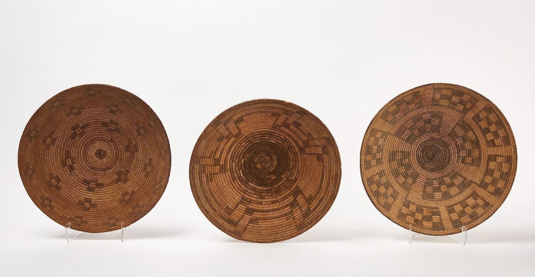Two Pima Trays and Pima Bowl: Group of three Native American Pima baskets, inlcuding one bowl and two trays. All with geometric designs. Southwestern Regions, circa 1880–1900. Bowl: H 3-3/4 in. Dia. 14-5/8 in. Tray 1: