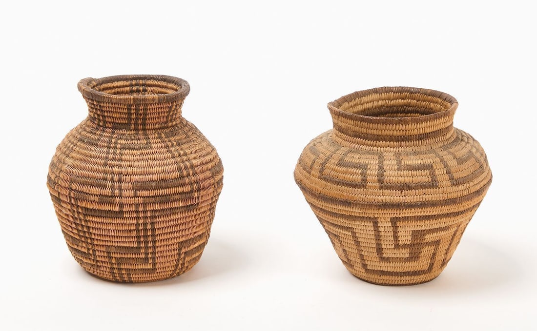 Two Small Apache Ollas: Two small Native American ollas. Both featuring geometric designs. Southwest Region, circa 1880–1900. Olla (taller): H 7-3/8 in. Dia. (opening) 4-1/8 in. W (widest near opening) 5-3/4 in.