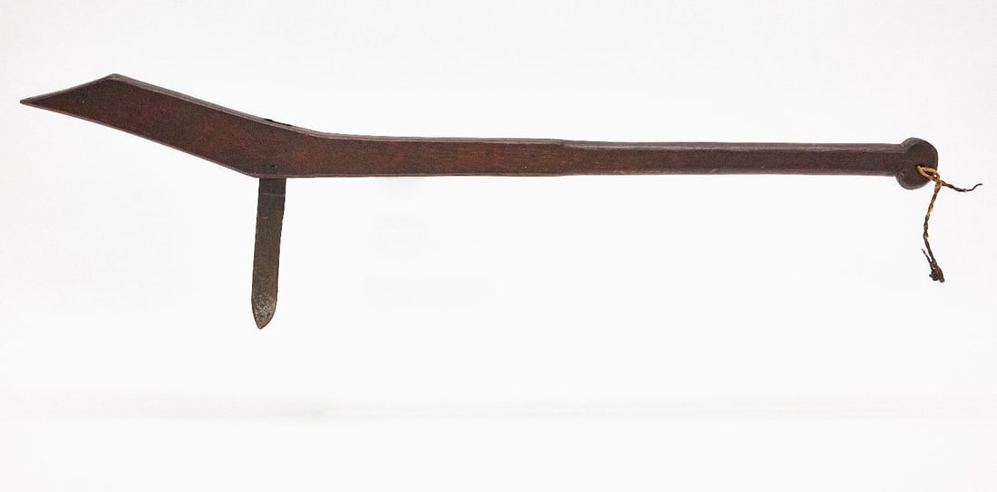 Native American Gun Stock War Club: Native American gun stock spiked war club. Ojibwa, circa 1900. Club: L 36-5/8 in. Knife Blade: L 6-1/4 in.