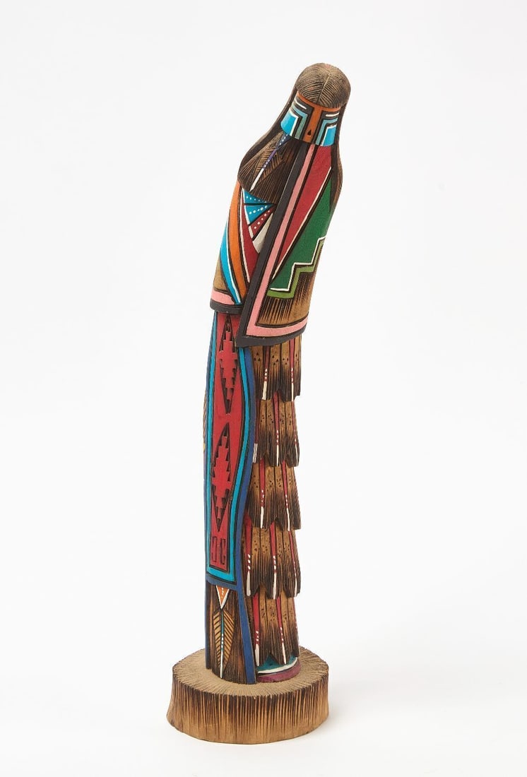 Contemporary Shalako Feather Dancer: Contemporary shalako feather dancer. Carved and painted wood. Signed with initals 'JT' underneath and dated 2007. H 17-1/2 in.