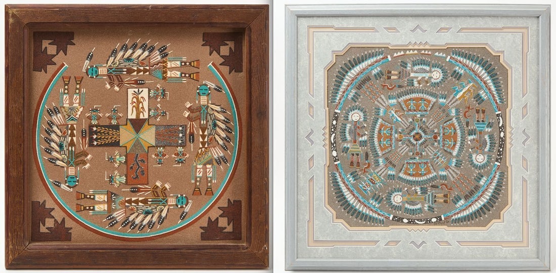 Two Navajo Sand Paintings: Johnny Benally Sr. " Hump-Backed Yei " Navajo sand painting on fiber board white washed wood frame, elaborately cut. 20th century. signed lower center. Frame: H 26-1/4 in. W