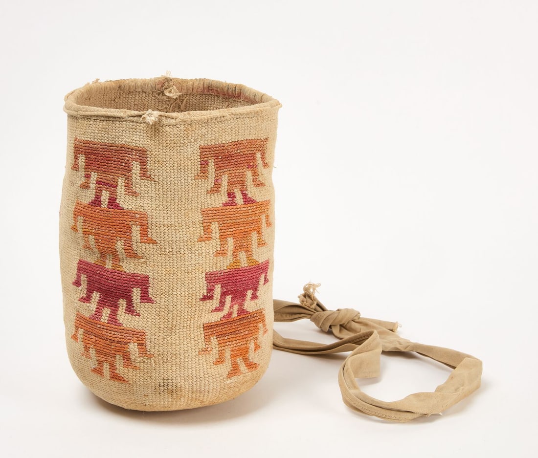 Native Woven Bag: Native Woven bag with stylized animal motifs. Late 19th - Early 20th century. H 12 in. D 8 in.