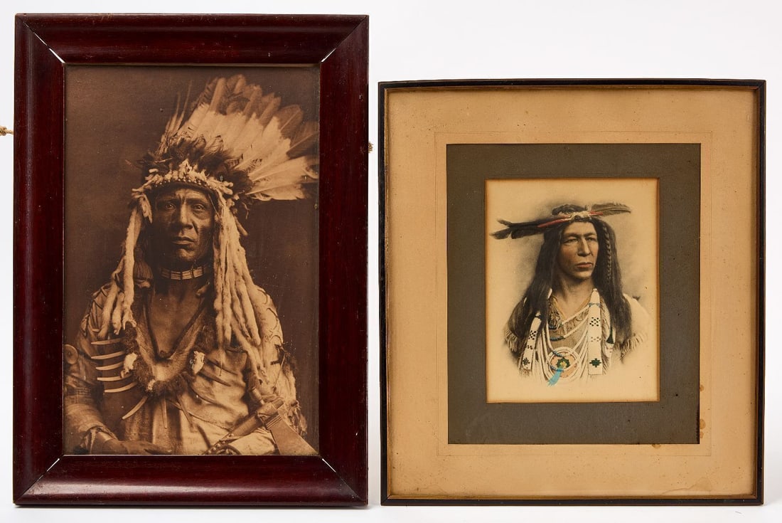 Two Native American Chief Portraits: Two Native American Chief Portraits. One A.S. Campbell hand-colored and embossed relief portrait of a Plains Chief, stamped to LR, together with a photographic print of Edward Curtis'