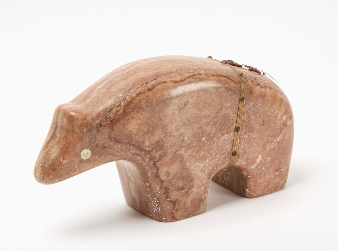 Large Zuni Red Jasper Bear: Large Zuni carved red jasper bear fetish with inlaid eyes, 20th century. H 8 in. W 14-1/2 in.