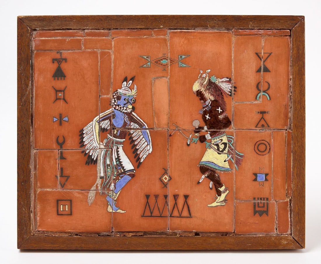 Libby MacGregor - Indian Dancers: Libby MacGregor , 'Indian Dancers' Ceramic in wood frame. American, 20th century. H 15-1/4 in. W 18-1/2 in.