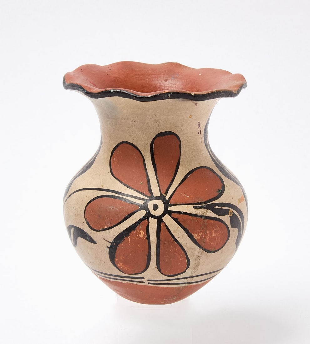Santo Domingo Scalloped Vase: Santo Domingo Scalloped Vase. Pottery with floral motifs. Southwestern US, circa 1930. H 6 in. D 5 in.
