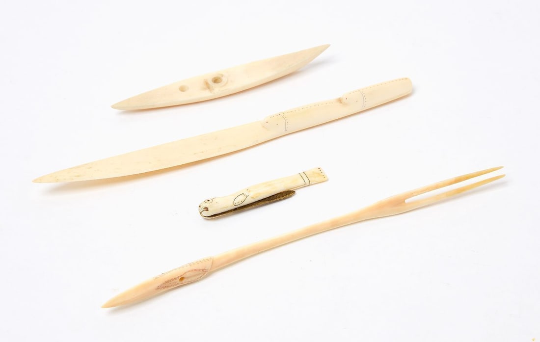 Group of Inuit Implements: Group of four Inuit implements. To include a folding knife with brass blade, seal letter opener, squid fork, and a drill. circa 1910. L 7-1/2 in., L 2-1/4 in., L 8 in., and L 4-1/2 in. respectively.