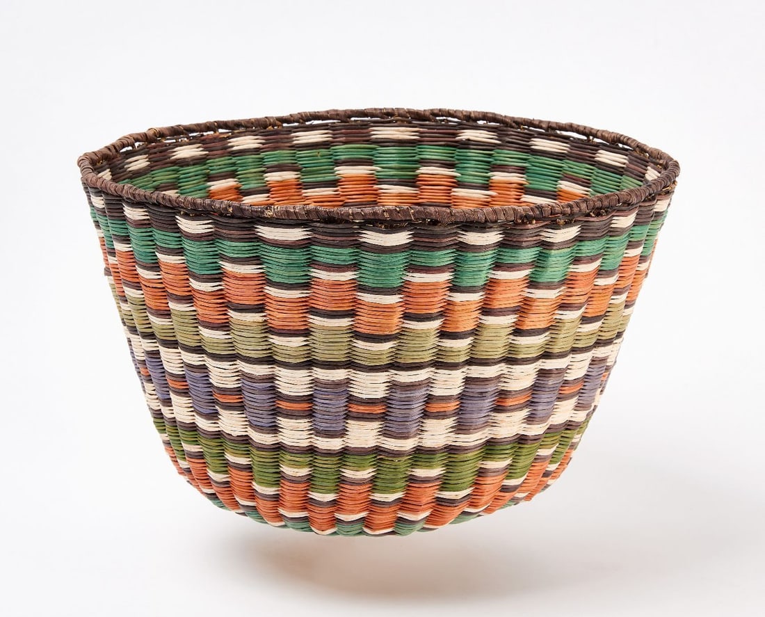 Hopi Peach Basket: Hopi peach basket. Dyed wefts in multiple colors. Mid 20th century. H 8-1/2 in. D 14-1/4 in.