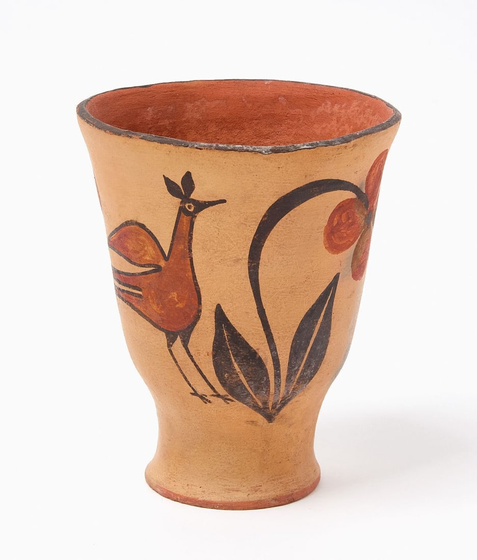 Zia Footed Cup with Bird: Zia footed cup with bird. Pottery with original polychrome decoration. Southwestern US, circa 1920. H 6 in. D 5 in.