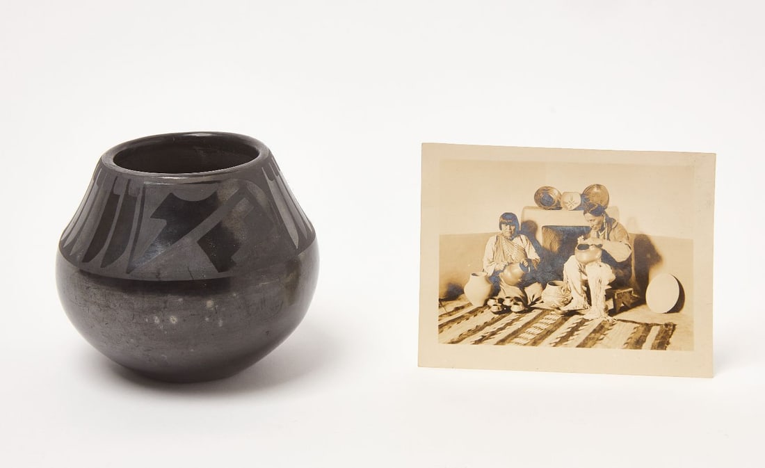 Maria and Santana Blackware Pottery Bowl with Photograph: Maria and Santana (signed) blackware pottery bowl with photograph of them making pottery. H 3-1/4 in. (Opening) D 2-1/8 in.