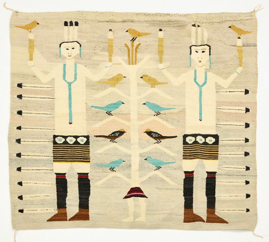 Navajo Yeibichai Wool Rug with Birds: Navajo Yeibichai Wool Rug with birds and two figures. Southwestern United States, Navajo Nation, circa 1940. H 50 in. W 59-1/2 in.