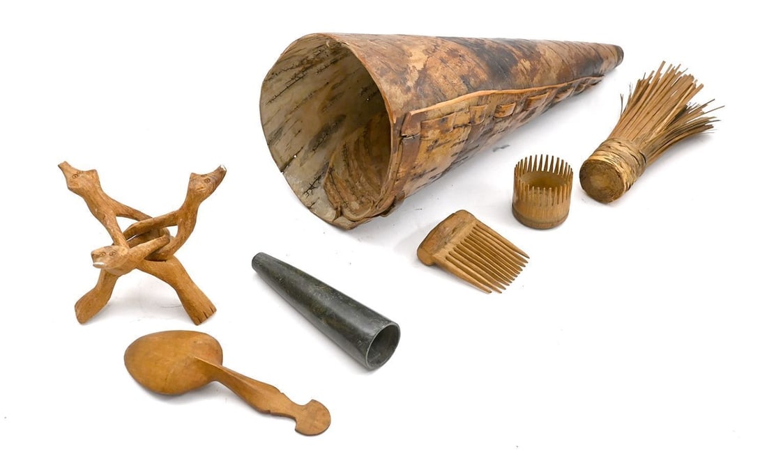 Grouping of Native American Carved Wood, Birch Bark Moose Call, and Implements (1 of 2)