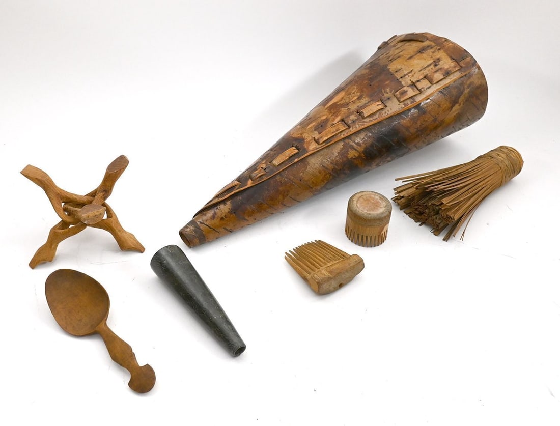 Grouping of Native American Carved Wood, Birch Bark Moose Call, and Implements - 2