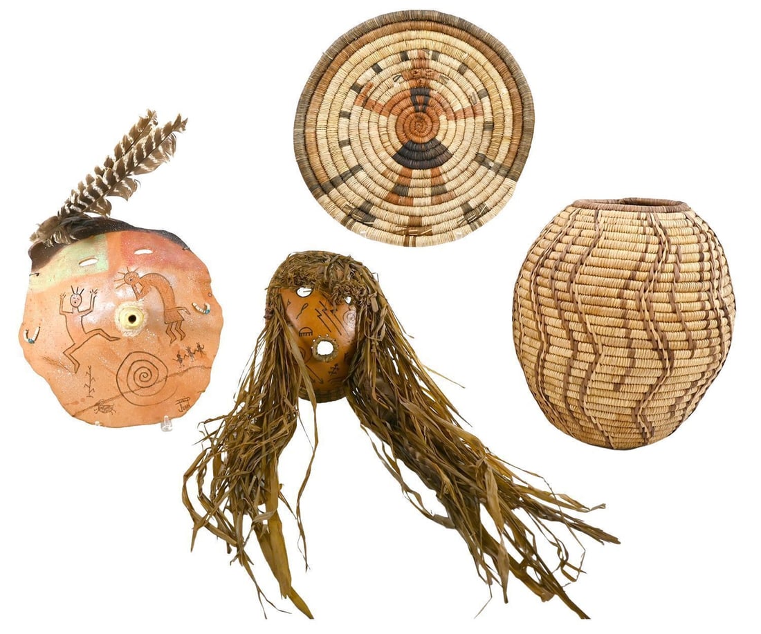 Southwestern Native American Baskets and Signed Navajo Mask: Group of Southwestern Native American Baskets and Masks. Two Hopi woven works including a coiled basket and coiled tray with a figure design; together with two masks, including a straw mask with