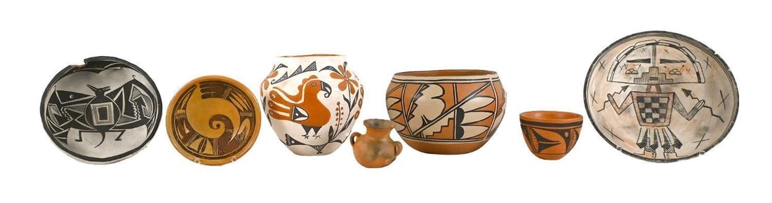 Group of Signed Native American Pottery by Various Pueblo and Hopi Artists: Group of Native American pottery, seven pieces total, six signed to the underside. Signatures include Alvina Garcia (Kewa/Santo Domingo Pueblo, New Mexico), Talashie (Hopi-Tewa, First Mesa, Arizona), 
