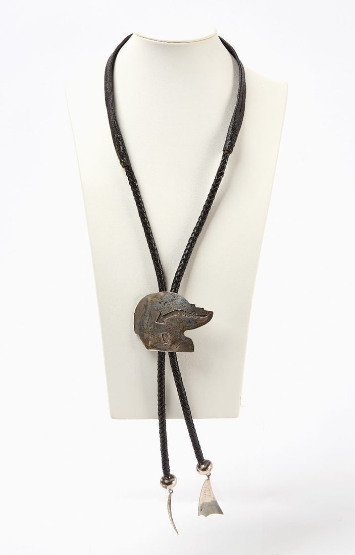 Native American Silver Bolo Tie: Native American silver bolo tie. Stamped with initials 'PAR' and '90' (90% silver). L 22-3/4 in. Total Weight: 2.8 ozt.