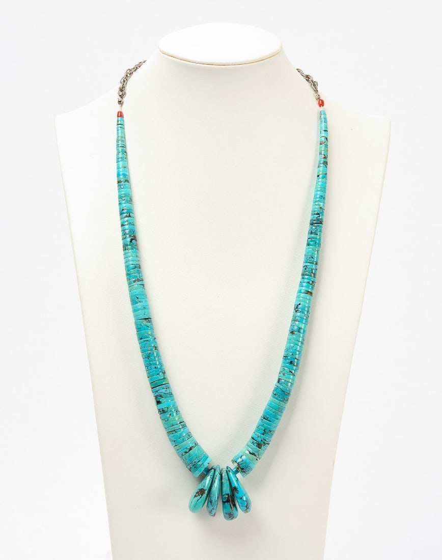 Navajo Turquoise Stack Necklace: Navajo turquoise stack necklace that features 4 teardrop-shaped turquoise stones at the base of the necklace. Southwestern US, mid 20th century. L 14-5/8 in.