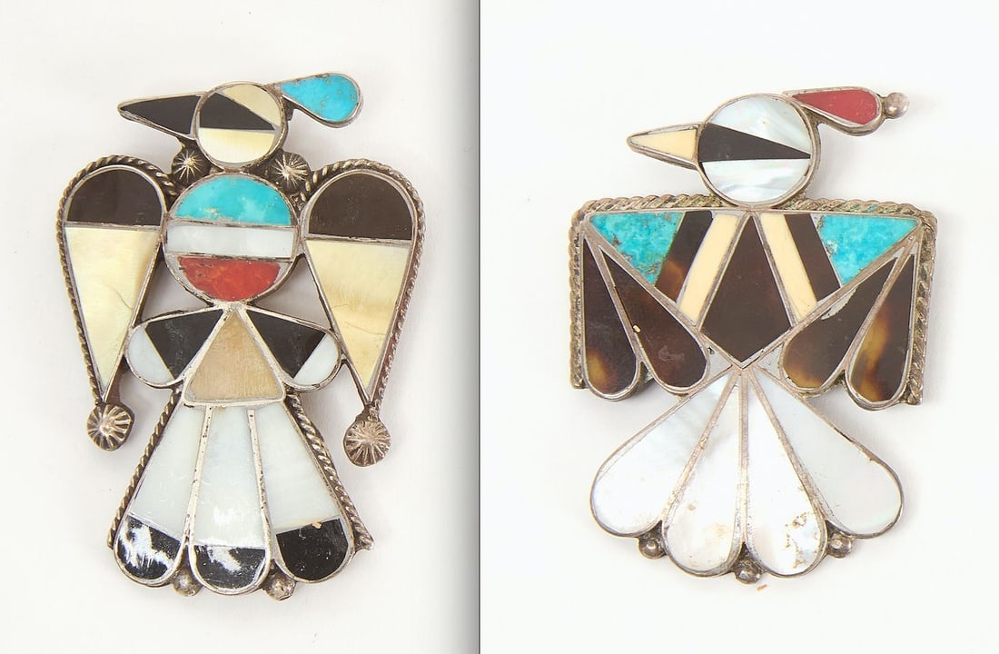 Two Zuni Bird Pins: Two Zuni bird pins. Inlay in various stones (turquoise, jet, abalone, red coral, others). Southwestern US, 20th century. Ea: L 2-1/8 in. W 1-5/8 in. Total Weight: 0.845 ozt.