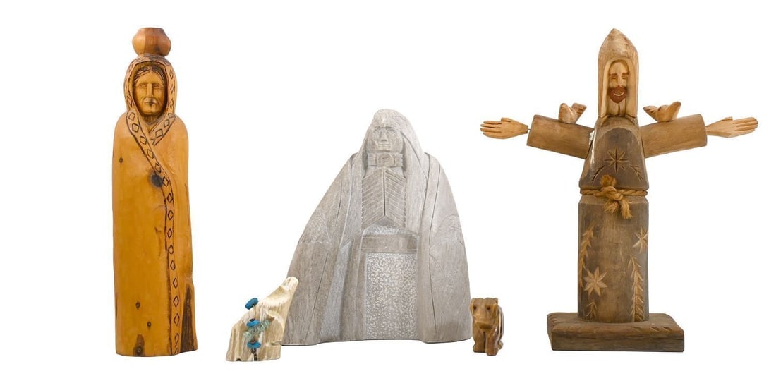 Group of Southwestern Carvings and Fetishes by Various Artists: Group of five items including two fetish carvings (one bone, one stone), two carved figures signed "Fernando" and "Sabinita Lopez Ortiz," and one stone figure signed "Ronald