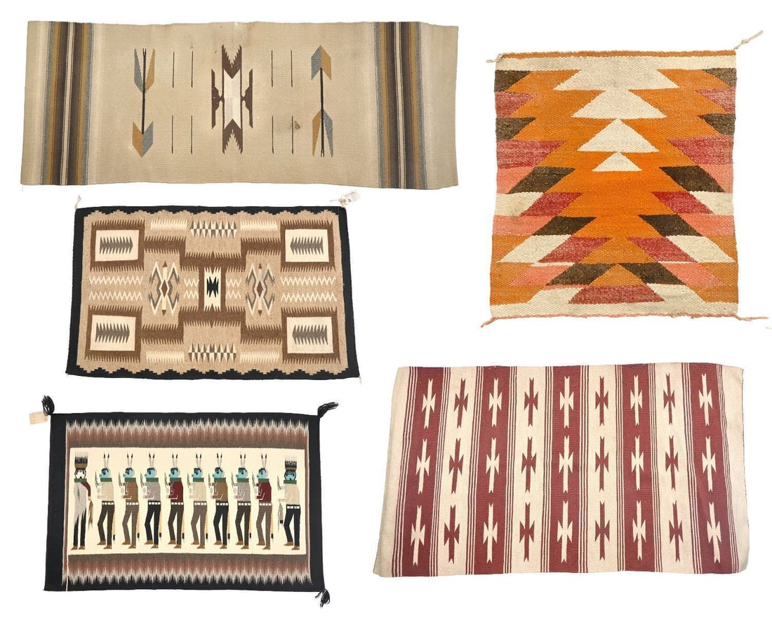 Group of Navajo Woven Rugs and One South American Textile: Group of six woven textiles (one pictured separately from group image), including five Navajo rugs with geometric, banded, and figural designs, together with one South American woven textile. Southwes