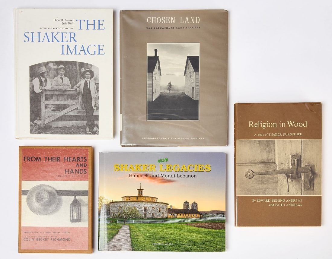 Group of Five Shaker Reference Books: Group of five Shaker reference books. Includes the following: From Their Hearts and Hands, introduction by Eldress Bertha Lindsay, photographs and selections by Colin Becket Richmond, 1974; Religion