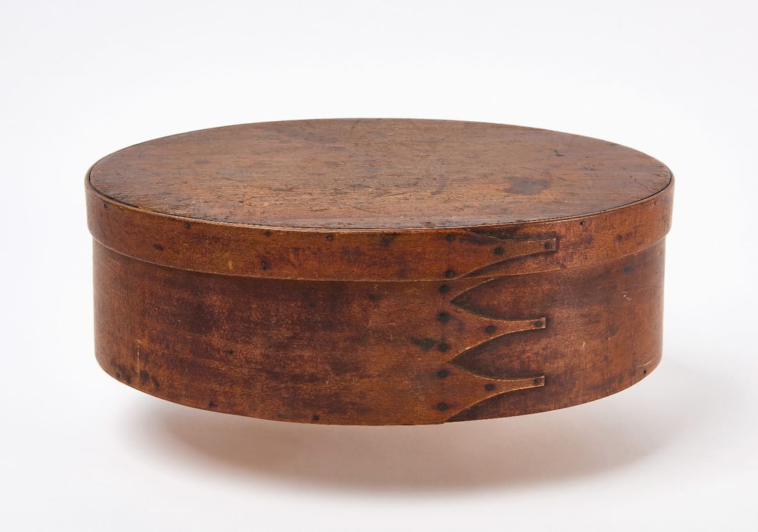 Shaker Storage Box: Shaker storage box. Original finsh. Copper nail and peg construction. New England, mid 19th century. H 4-1/4 in. L 13-1/2 in. D 9-1/2 in. 