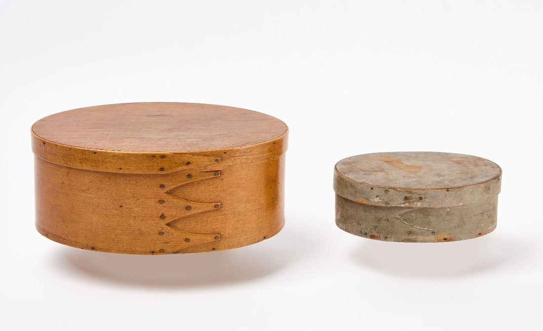 Two Shaker Boxes: Two Shaker boxes. One in original paint, the second is unpainted. Northeastern United States, 19th century. Painted box: H 2-3/4 in. L 8 in. D 5-1/4 in. Larger Box: H 4-3/4 in. L 12 in. D 8-1/4 in.