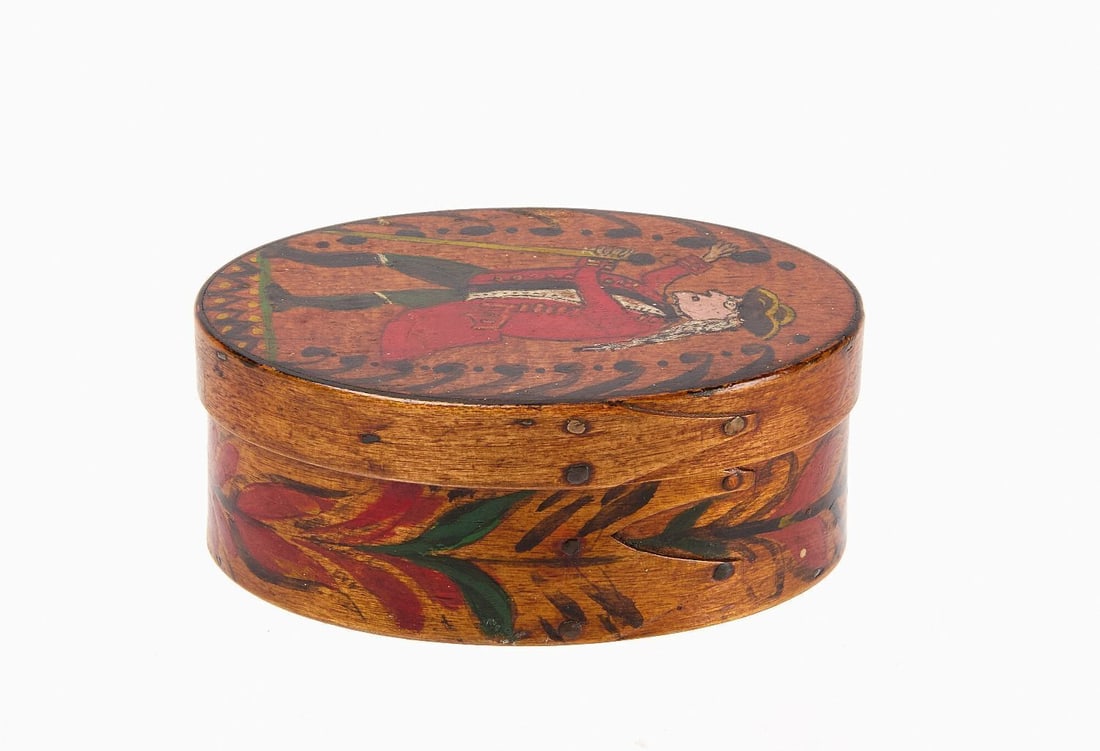 Shaker Miniature Box: Paint-decorated Shaker miniature 3-finger box with later paint decoration depicting a colonial man in a red coat on the lid, and flourishes around the side. American, late 19th century. H 1-1/2 in. W