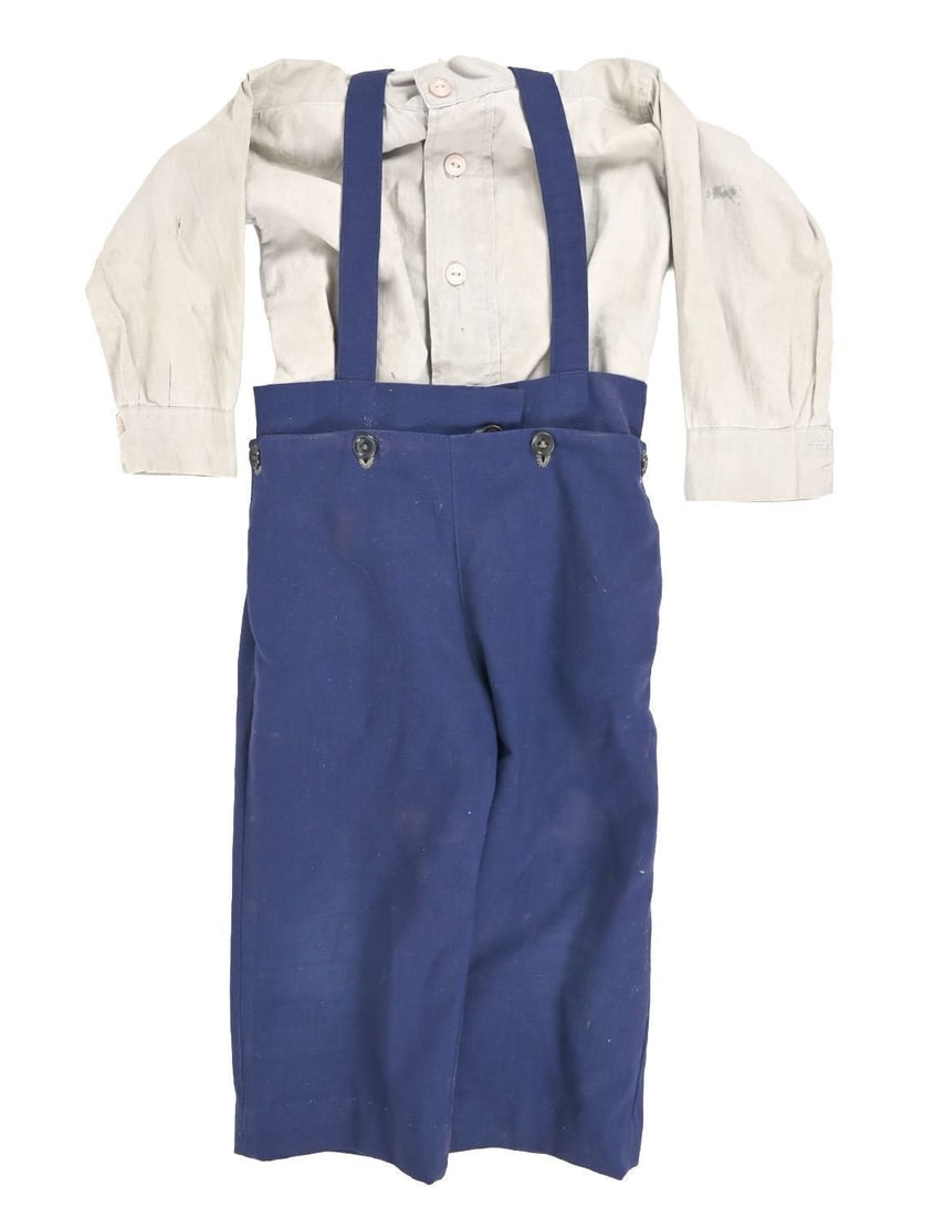 Group of Three Children's Garments: Group of Children's Garments, possibly Amish or Mennonite. Comprising a girls' cotton dress with apron, and a boys' cotton shirt and broadfall suspender pants with button waist.